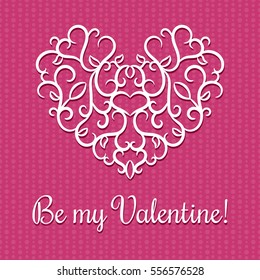 Be my Valentine card with white floral heart on pink background