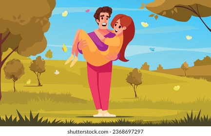 Be my valentine cartoon composition with young man carrying his beloved in his arms vector illustration