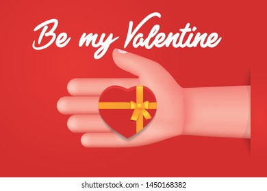 Be My Valentine concept. Heart shaped gift box on the palm. Cartoon vector illustration