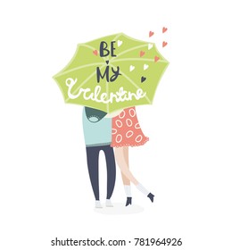 Be my Valentine. Couple in love under umbrella. Colored vector illustration