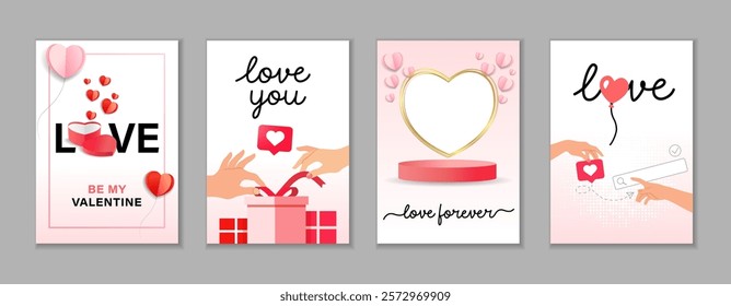 Be my Valentine, creative covers design for Valentine's Day. Two  hands of lovers going to touch together, gift and hands, golden heart frame and podium. Vector sale concept