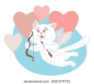 Be my valentine - cupid cat illustration. Funny cat with wings and bow. Heart background. Good for holiday greeting card banner poster t-shirt design. Doodle style.