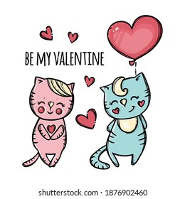 BE MY VALENTINE Cute Confused Kitty With Red Balloon Heart Takes Flirtation Her Cat Boy Cartoon Animals Hand Drawn Clip Art Vector Illustration For Print