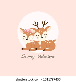 Be my Valentine. Cute couple dear with flower crown in floral in cartoon style.