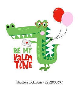 Be my Valentine - Cute Funny hand drawn doodle with crocodile in love. Cartoon alligators. Good for Valentine's Day card. Vector hand drawn illustration.