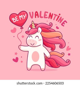 Be My Valentine cute greeting card template with Unicorn. Red Unicorn with Heart and lovely phrase in card for Valentine's Day and holiday greetings. Vector illustration