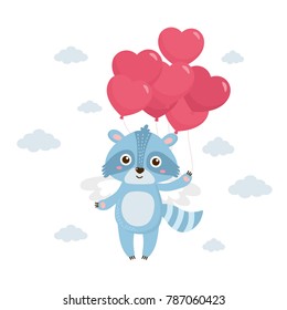 Be my Valentine. Cute raccoon with heart balloon in cartoon style. Funny Valentines day card. Childish concept illustration. 