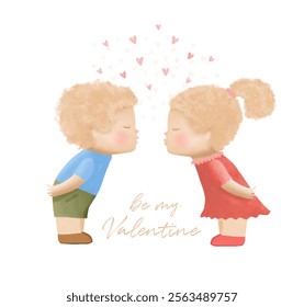 Be My Valentine. Cute Valentine's Day Card with Children Giving Each Other a Kiss. Simple Romantic Vector Illustration With Litlle Boy and Baby Girl on a White Background. Happy Valentine's Day. RGB.