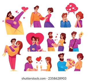 Sé mi conjunto de pisos valentinos felices parejas enamoradas durante la ilustración vectorial aislada de citas