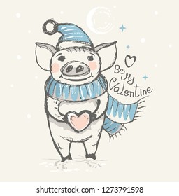 Be my Valentine. Funny card with a pig in a hat and scarf. Cute pig gives heart. Sketch illustration vector.