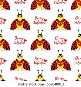 Be my Valentine. Funny pattern with flowers, hearts, ladybug and circle.