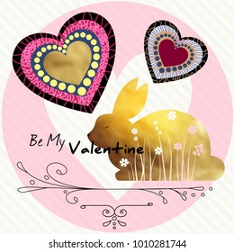 Be my Valentine. A gold rabbit. Trendy gold style perfect for valentines day, birthday, save the date invitation. Vector Illustration
