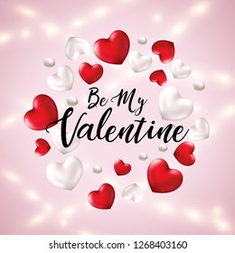 Be My Valentine greeting banner with 3d Hearts, shiny Pearls and Realistic Luminous Garlands isolated on pink background. Happy Valentine's Day card with Heart Shaped Balloons. Vector illustration