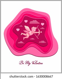 Be My Valentine greeting card. Angel with a bow and arrow in the clouds with hanging hearts in the style of paper cut