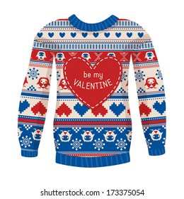 'Be my Valentine' greeting card. Warm sweater with owls and hearts. Red-Blue version. May be used for winter design, valentine's day greeting cards, posters and many other.
