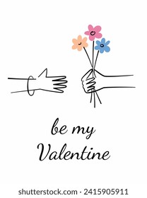 Be my Valentine greeting card, Saint Valentines Day composition, template with greeting, minimalist vector arrangement with woman holding flowers, beautiful bouquet in hands, good for poster design