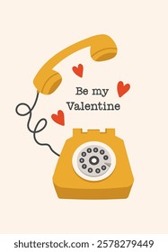 Be my Valentine greeting card. Yellow retro phone and red hearts on a light background. Valentine's day, February 14, love concept. Vector drawings for postcard, card.