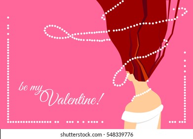 Be my Valentine greeting card. Beautiful silhouette of a girl in wedding dress and with white bead necklace round her neck and hair. Pearl frame. Vector illustration