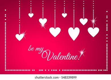Be my Valentine greeting card. White hearts in beautiful pearl strings isolated on pink background. Pearl frame. Vector illustration