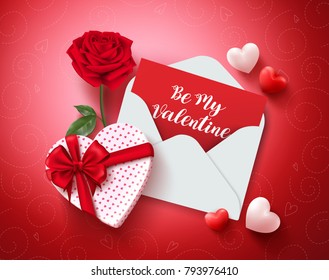 Be My Valentine Greeting Card Vector Design With Love Letter, Rose And Gift And Hearts Elements In Red Background For Valentines Day. Vector Illustration.
