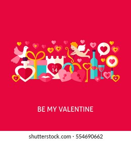Be My Valentine Greeting Concept. Flat Design Vector Illustration. Love Holiday Poster.