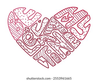 Be my Valentine Hand drawn lettering. A vibrant heart filled with various patterns and letters of love and affection. Day celebrations and warm connections.