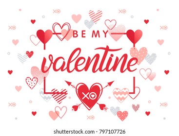 Be my Valentine - Hand painted lettering with different hearts.Romantic illustration perfect for design greeting cards, prints, flyers,posters,holiday invitations and more.Vector Valentines Day card.