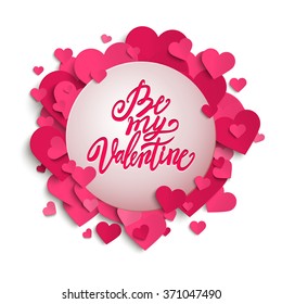 Be My Valentine handwritten brush pen lettering on banner with pink hearts, Valentine's Day, vector illustration