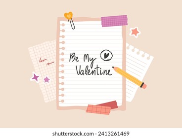 Be my Valentine handwritten words on torn sheet from notebook. Pencil, paper note flat lay, cut out stars and paperclip. Vintage vector illustration in collage style. Valentine's Day banner. 