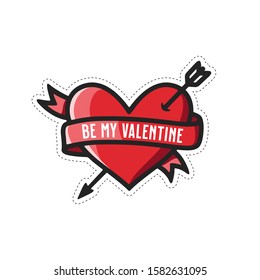 Be my Valentine holiday sticker. Valentines day related heart shape with arrow and ribbon. Shiny glossy festive decorative design element. Vector vintage illustration.