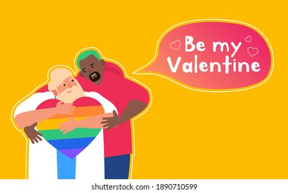 be my valentine hugging lgbt gay couple happy valentine's day vector illustration