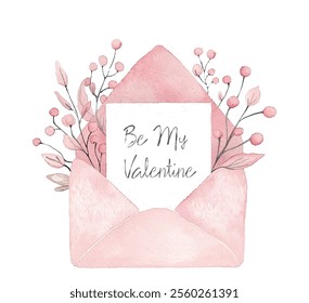 Be My Valentine invitarion in pink envelope with sweet berry branches vector illustration. Calligraphic handwritten text on white sheet of paper inside the pink envelope. Floral Valentine's Day design