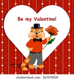 Be my Valentine lettering card with cute ginger cat holding a nice flower on love background.