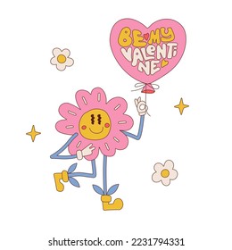 Be my Valentine lettering isolated clipart. 60s retro style cartoon flower character for t-shirt design print template. Vector contour hand drawn illustration. Groovy mascot shows peace gesture.