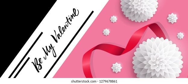 Be my Valentine lettering with paper flowers. Saint Valentines Day poster. Handwritten text, calligraphy. For leaflets, brochures, invitations, posters or banners.
