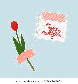Be my Valentine lettering text message on squared paper under patterned pink washi tape. One red bright tulip is glued with tape on blue background