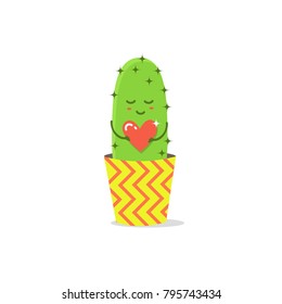 Be my Valentine. In love with cactus holding a big heart. Vector illustration with cute cacti on a white background.
