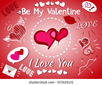 Be My Valentine, I Love You, Card, Bow and Arrow, Lips, Envelope, Hearts on Red-White Gradient Background, Vector Illustration EPS 10