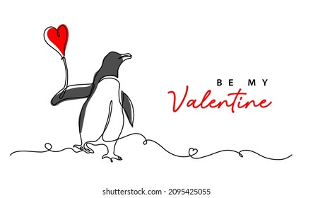 Be my Valentine minimal vector greeting card design with penguin and red heart balloon. One continuous line art drawing, background, banner, poster for Valentines day celebration.