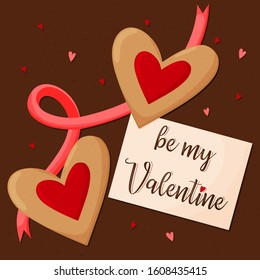 Be my Valentine a pair of heart-shaped cookies and the inscription on a dark background. Vector illustration for opener, stickers, banners, etc.