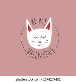 Be My Valentine postcard with cute cat, vector illustration