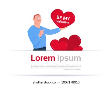Be My Valentine Poster Man Holding Red Heart Love Holiday Invitation Concept Flat Vector Illustration