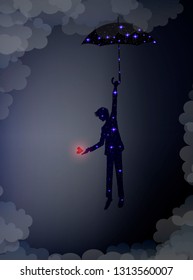 be my valentine, put the red heart on the night sky, shiny silhouette of man with umbrella, fairy tale at the sky, night dreamer, vector