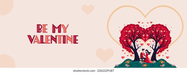 BE MY VALENTINE Quote With Romantic Couple Sitting Under The Hearts Trees In Nature View. Happy Valentine's Day Concept.