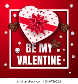 Be My Valentine Red Greeting Card. Happy Valentine's Day Celebrate. Top View On Romantic Composition With Gift Box Of Chocolate In Heart Shape With Candy, Pearls And Diamonds. Vector Illustration