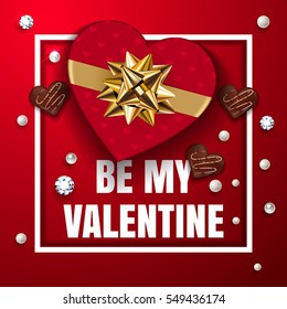 Be my valentine red greeting card. Happy Valentine's Day celebrate. Top view on romantic composition with gift box of chocolate in heart shape with candy, pearls and diamonds. Vector illustration