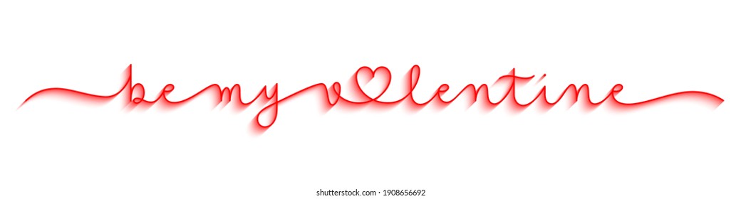 BE MY VALENTINE red vector monoline calligraphy banner with heart symbol and swashes
