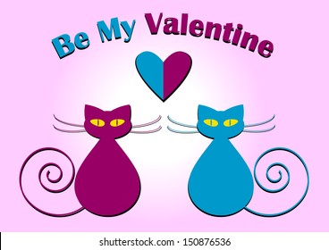 Be my Valentine, romantic vector background with two cats, heart and place for your text