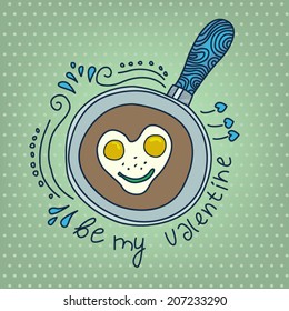 Be My Valentine Scrambled Eggs / Vector illustration of fried eggs in a frying pan in the shape of heart