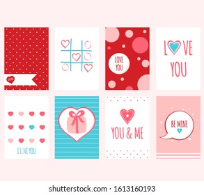 Be my Valentine. Set of Valentine's day banner, background, flyer, placard with hearts. Holiday poster, vector template card, sticker for greeting, decoration, congratulation, invitation. EPS8